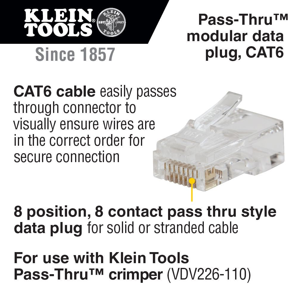 Klein Tools VDV826-703 Pass-Thru™ Modular Data Plug, RJ45-CAT6, 50-Pack - Edmondson Supply