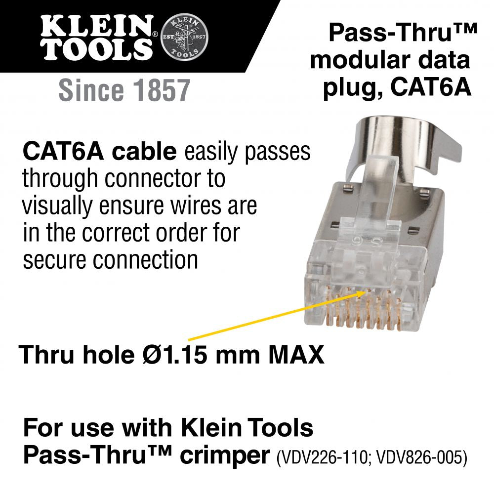 Klein Tools VDV826-705 Pass-Thru™ Modular Data Plugs, RJ45-CAT6A, Shielded (STP), 50-Pack - Edmondson Supply