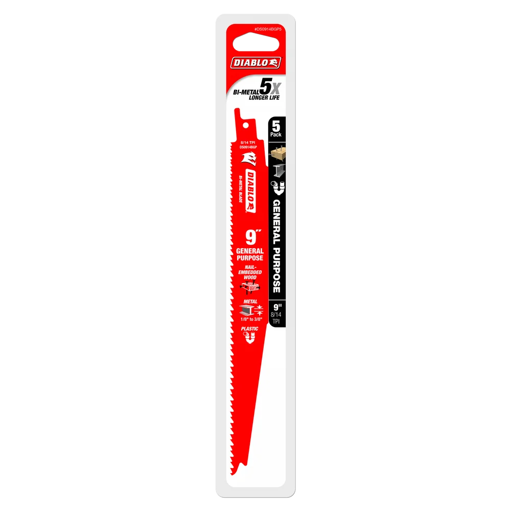 Diablo Tools DS0914BGP5 9 in. Bi-Metal Recip Blade for Nail-Embedded Wood, Metal, and Plastic (5-Pack) - Edmondson Supply