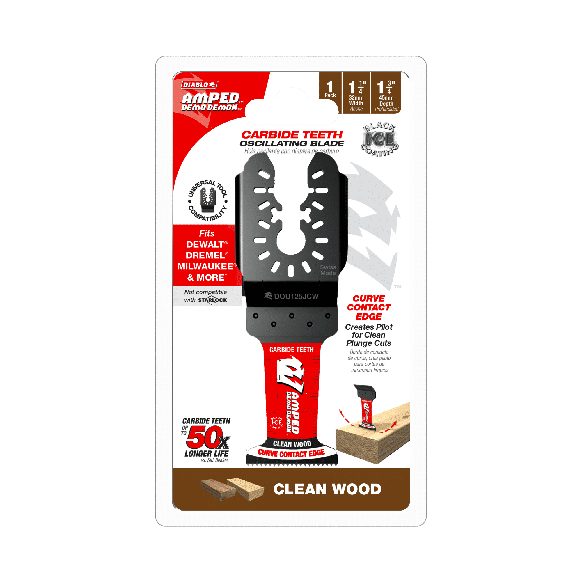 Diablo Tools DOU125JCW 1-1/4”(w) x 1-3/4”(d) AMPED™ Demo Demon™ Universal Fit Carbide Teeth Oscillating Blade for Clean Wood - Edmondson Supply