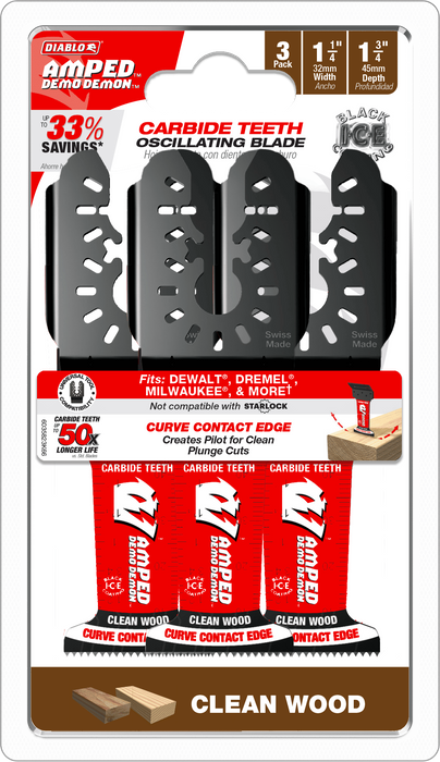 Diablo Tools DOU125JCW3 1-1/4”(w) x 1-3/4”(d) AMPED™ Demo Demon™ Universal Fit Carbide Teeth Oscillating Blade for Clean Wood (3-pk) - Edmondson Supply