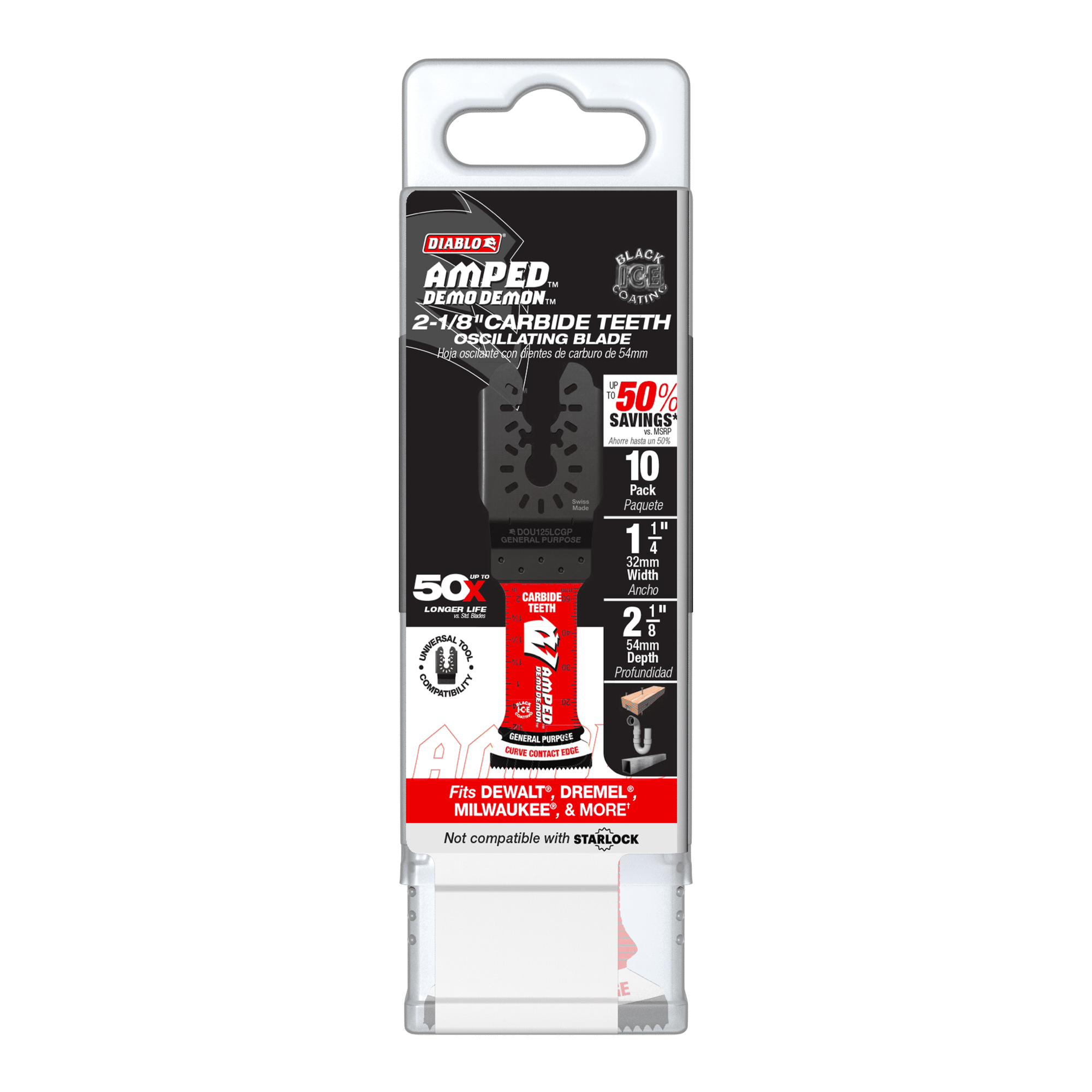 Diablo Tools DOU125LCGP10 1-1/4"(w) x 2-1/8"(d) AMPED™ Demo Demon™ Universal Fit Carbide Teeth Oscillating Blade for General Purpose Cuts (10-pk) - Edmondson Supply