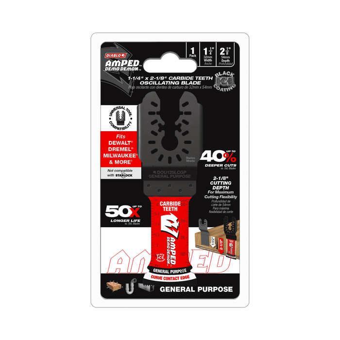 Diablo Tools DOU125LCGP 1-1/4"(w) x 2-1/8"(d) AMPED™ Demo Demon™ Universal Fit Carbide Teeth Oscillating Blade for General Purpose Cuts - Edmondson Supply