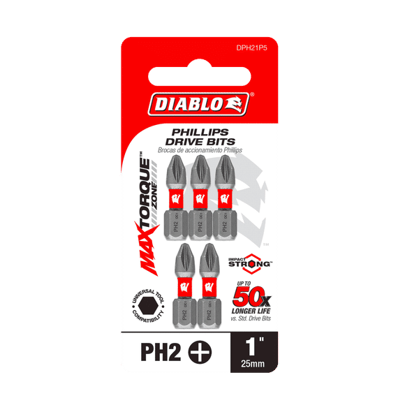 Diablo Tools DPH21P5 1" #2 Phillips Drive Bits (5-pk) - Edmondson Supply