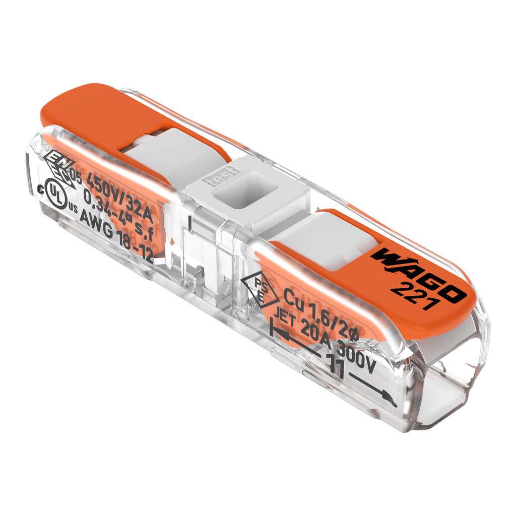 Wago 221-2401 Inline Splicing Connector with Lever; 12 AWG (max); 2-Conductor; Transparent Housing; White Cover - Edmondson Supply