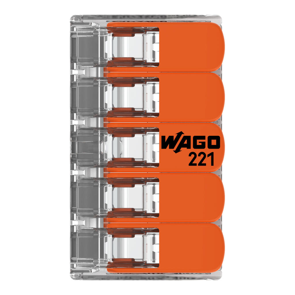 Wago 221-415 Compact Splicing Connector, 5-Conductor, with Operating Levers, 12 AWG, Transparent Housing - Edmondson Supply