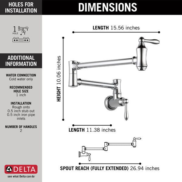 Delta 1177LF Traditional Wall Mount Pot Filler In Chrome