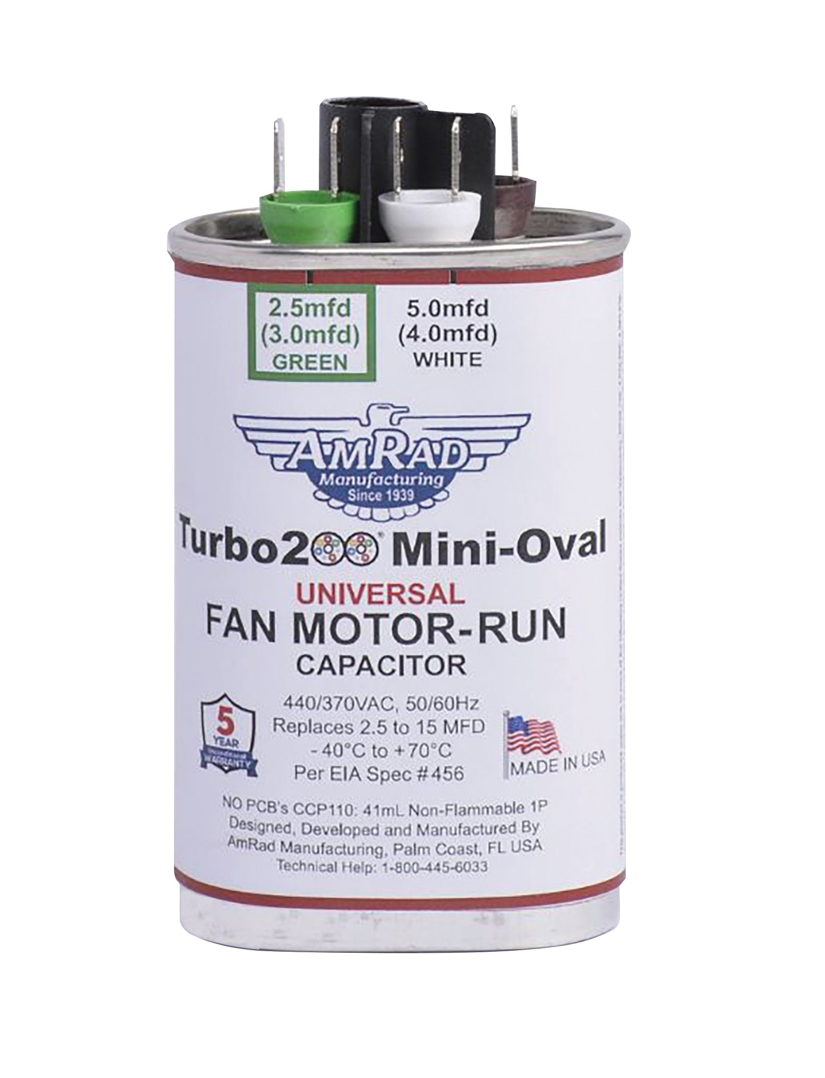 MARS 12500 AmRad Turbo 200 Mini Oval 2.5 MFD to 15 MFD 440/370V Universal Motor Run Capacitor - Edmondson Supply