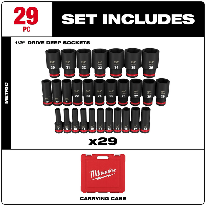 Milwaukee 49-66-7015 29PC SHOCKWAVE™ Impact Duty 1/2" Drive Metric Deep 6 Point Socket Set - Edmondson Supply