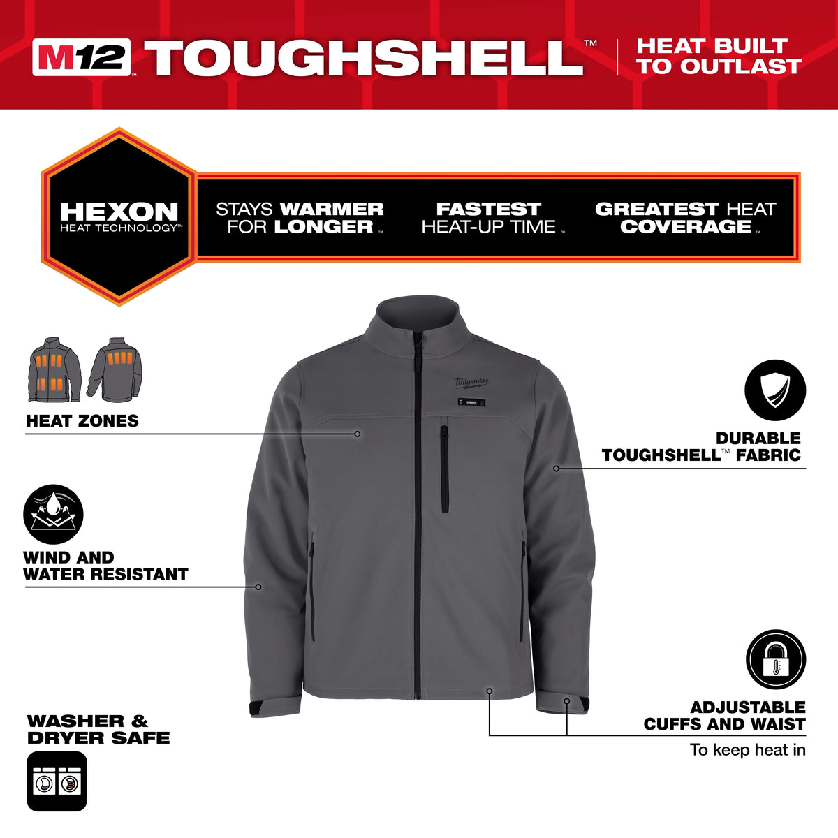 Milwaukee M100G-21XL M12™ Heated TOUGHSHELL™ Work Jacket (Gray, Size XL) - Edmondson Supply