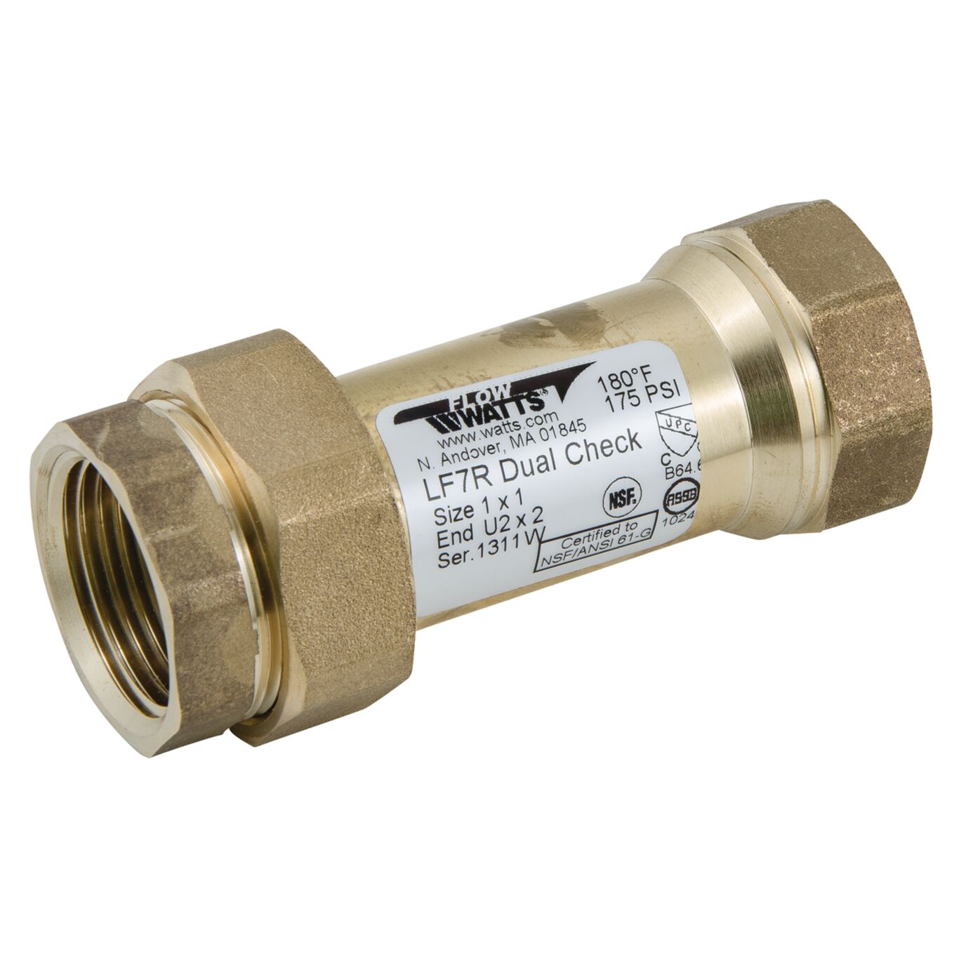 Watts 0072205 LF7RU2-2 1" Dual Check Valve, FNPT Union x FNPT, Lead Free - Edmondson Supply