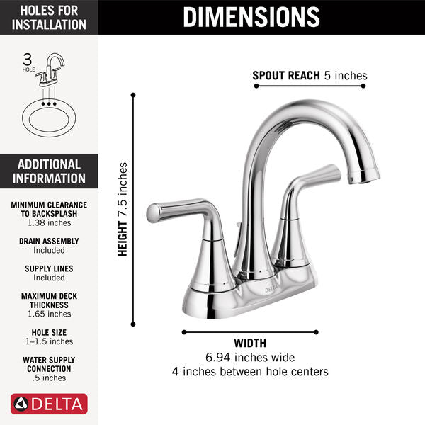 Delta KAYRA™ 2533LF-MPU Two Handle Centerset Bathroom Faucet In Chrome