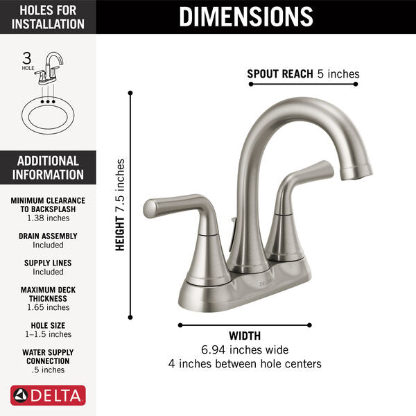 Delta KAYRA™ 2533LF-SSMPU Two Handle Centerset Bathroom Faucet In Stainless