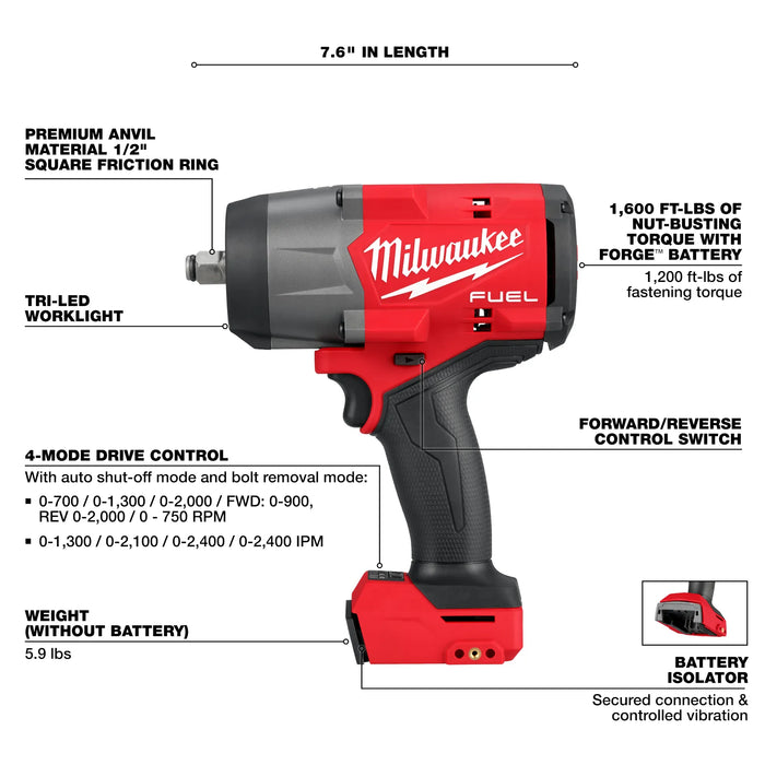 Milwaukee 2967-20 M18 FUEL™ 1/2" High Torque Impact Wrench w/ Friction Ring (TOOL ONLY) - Edmondson Supply