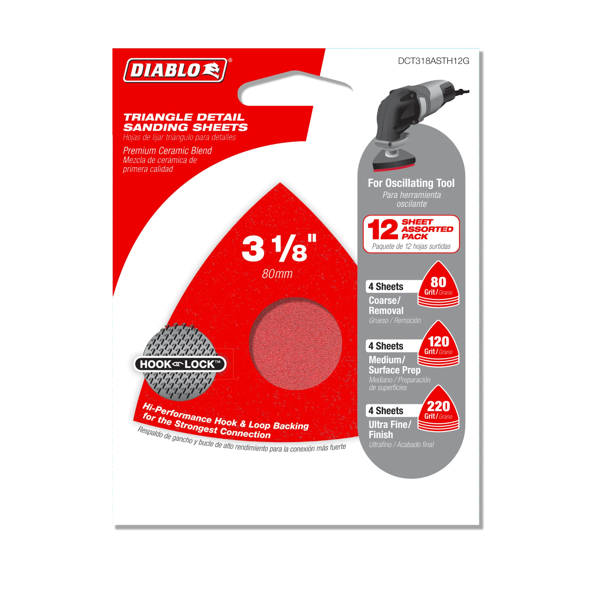 Diablo Tools DCT318ASTH12G 3-1/8" Assorted Oscillating Triangle Detail Sanding Sheets (12-pk) - Edmondson Supply