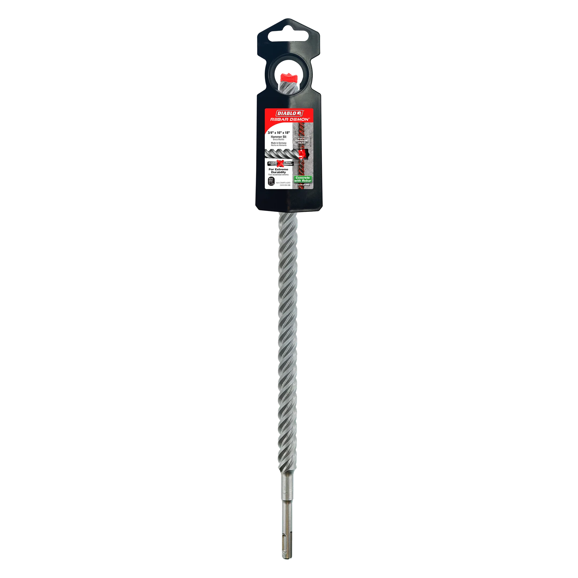 Diablo Tools DMAPL4260 3/4 in. x 16 in. x 18 in. Rebar Demon™ SDS-Plus 4-Cutter Full Carbide Head Hammer Drill Bit - Edmondson Supply