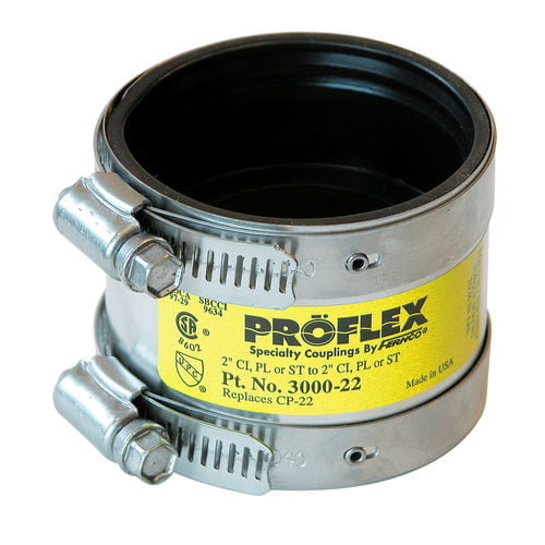Fernco Proflex 3000-22 2" Cast Iron to 2" Plastic, Steel or Extra-Heavy Cast Iron Shielded Coupling - Edmondson Supply