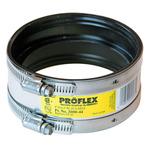 Fernco Proflex 3000-44 4" Cast Iron x 4" Plastic, Steel or Extra-Heavy Cast Iron Shielded Coupling - Edmondson Supply