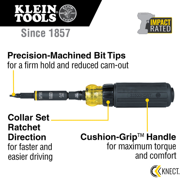 Klein Tools 32500HDRT KNECT™ 11-in-1 Ratcheting Impact Rated Screwdriver / Nut Driver - Edmondson Supply