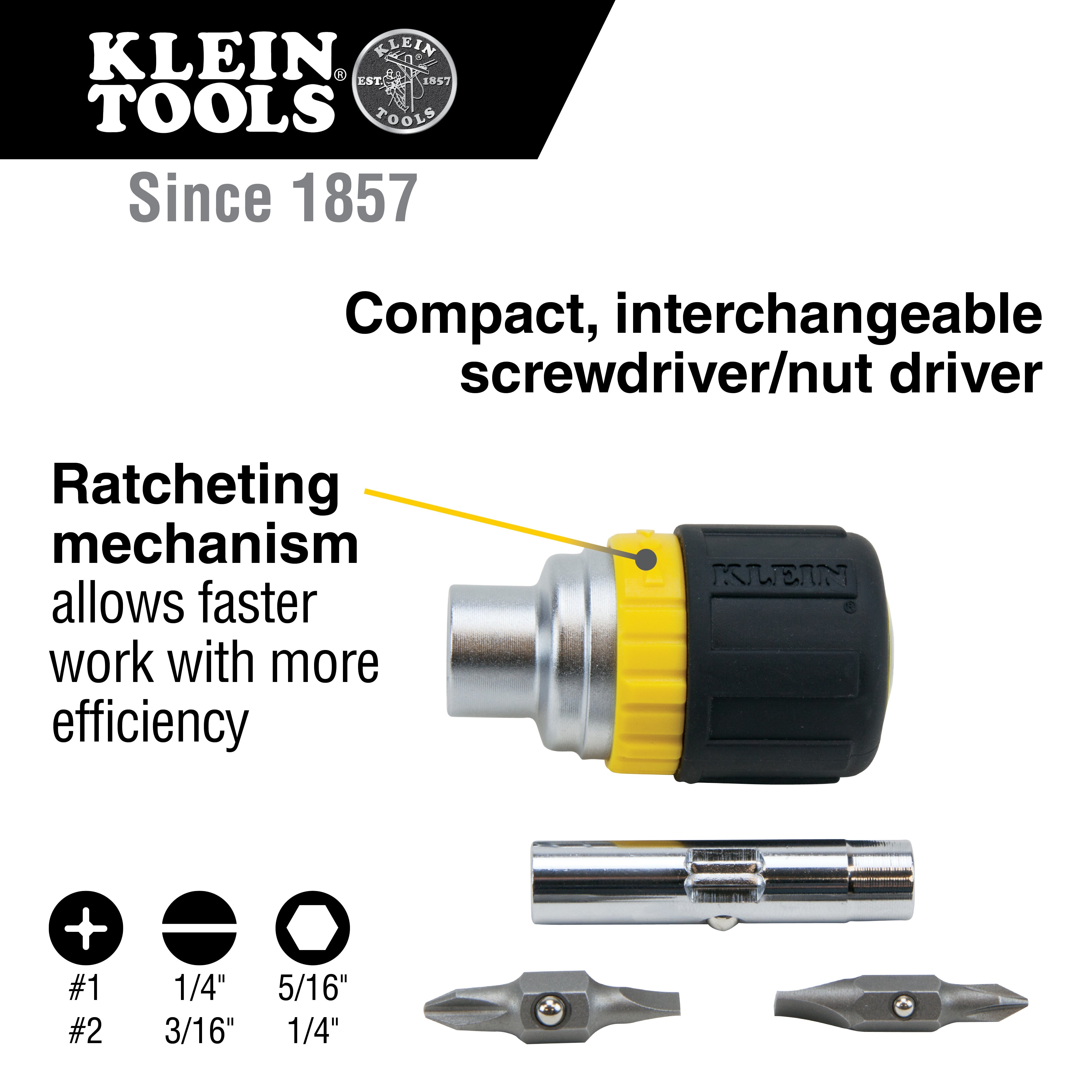 Klein Tools 32593 6-in-1 Ratcheting Screwdriver, Stubby - Edmondson Supply