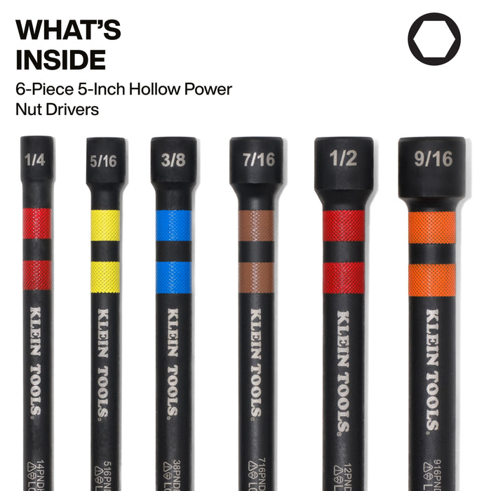 Klein Tools 32940 Magnetic Hollow Color-Coded Power Nut Drivers Set, 6-Piece - Edmondson Supply