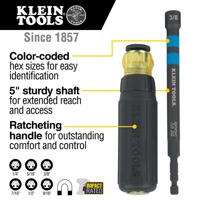 Klein Tools 32950 Hollow Magnetic Color-Coded Ratcheting Power Nut Drivers, 7-Piece - Edmondson Supply