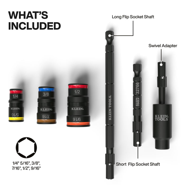 Klein Tools 32984 Impact Flip Socket Set With Swivel Adapter, 6 Piece - Edmondson Supply