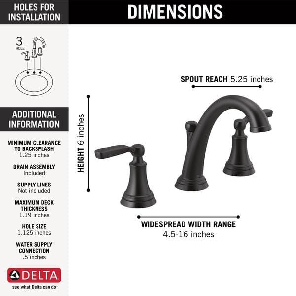 Delta 3532LF-BLMPU WOODHURST® Two Handle Widespread Bathroom Faucet In Matte Black