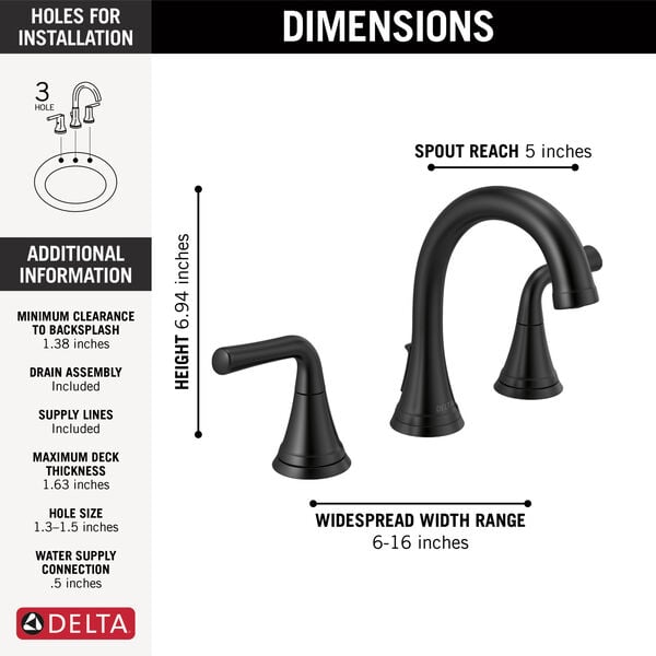 Delta KAYRA™ 3533LF-BLMPU Two Handle Widespread Bathroom Faucet In Matte Black