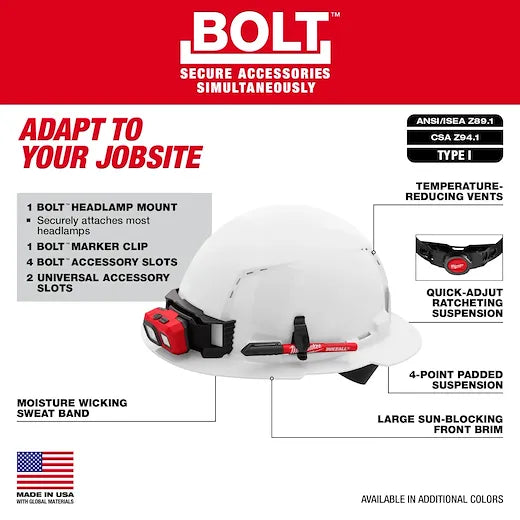 Milwaukee 48-73-1201 BOLT™ Full Brim Hard Hat w/4pt Ratcheting Suspension (White- Vented Class C) - Edmondson Supply