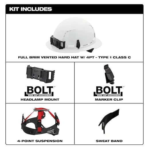 Milwaukee 48-73-1201 BOLT™ Full Brim Hard Hat w/4pt Ratcheting Suspension (White- Vented Class C) - Edmondson Supply