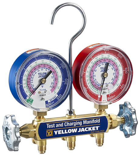 Yellow Jacket 42035 Series 41 A2L Manifold Only, 3-1/8″ (80mm) Gauges, R-32/454B/410A PSI °F - A2L Compatible - Edmondson Supply