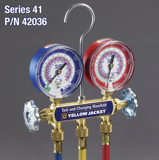 Yellow Jacket 42036 Series 41 A2L Manifold 3-1/8″ (80mm) Gauges, PLUS II™ 1/4″ Hoses 60″ 3-Pak RYB, R-32/454B/410A PSI °F  A2L COMPATIBLE - Edmondson Supply