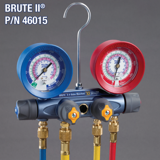 Yellow Jacket 46015 BRUTE II® A2L Manifold 3-1/8″ (80mm) Gauges, PLUS II™ 1/4″ Hoses 60″ 3-Pak RYB, Compact Ball Valve, PLUS II™ 3/8″ Vacuum/Charging Hose 60″ Y, R-32/454B/410A PSI °F - A2L Compatible - Edmondson Supply