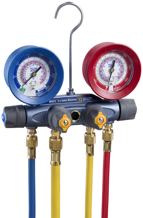 Yellow Jacket 46015 BRUTE II® A2L Manifold 3-1/8″ (80mm) Gauges, PLUS II™ 1/4″ Hoses 60″ 3-Pak RYB, Compact Ball Valve, PLUS II™ 3/8″ Vacuum/Charging Hose 60″ Y, R-32/454B/410A PSI °F - A2L Compatible - Edmondson Supply