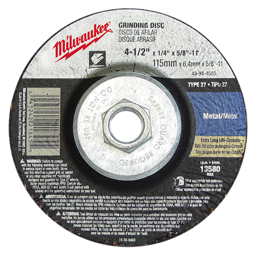 Milwaukee 49-94-4585 4-1/2" x 1/4" x 7/8"- Type 27 Metal Grinding Wheel - Edmondson Supply
