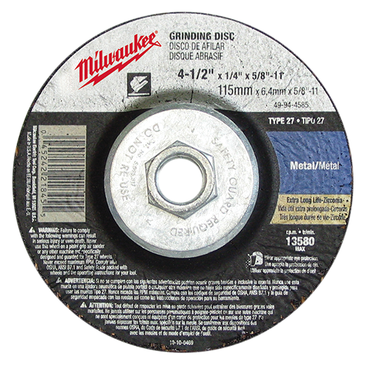 Milwaukee 49-94-4580 4-1/2" x 1/4" x7/8"- Type 27 Metal Grinding Wheel (10 pack)