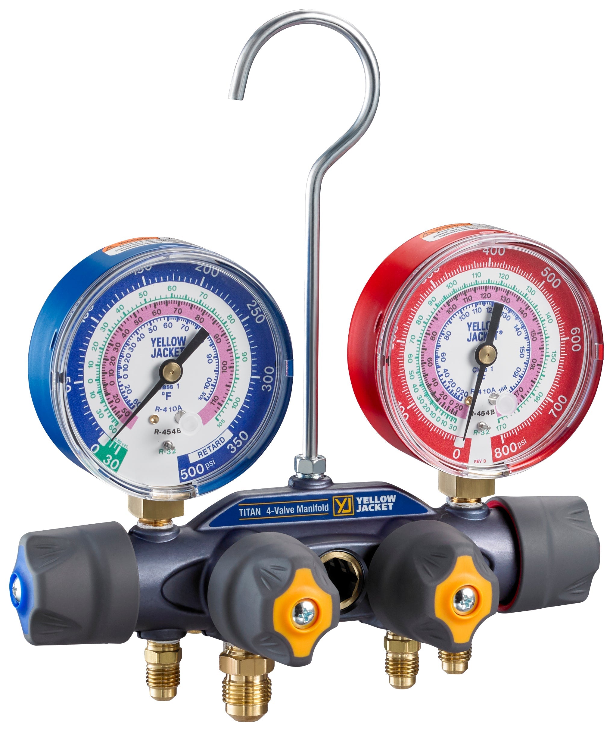 Yellow Jacket 49974 TITAN® A2L 4-Valve Manifold Only, 3-1/8″ (80mm) Gauges, R-32/454B/410A PSI °F - Edmondson Supply