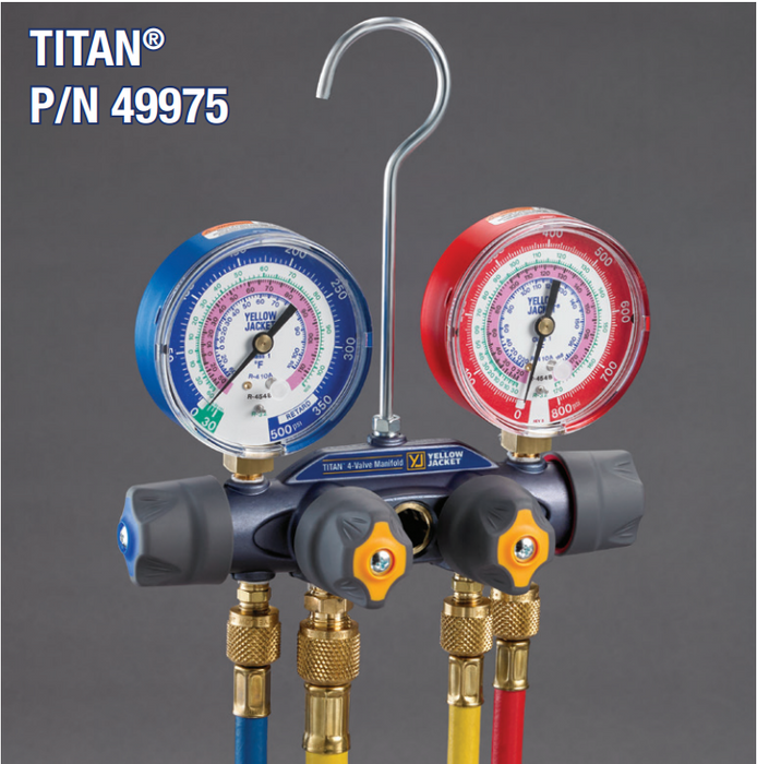 Yellow Jacket 49975 TITAN® A2L 4-Valve Manifold with PLUS II™ 1/4″ Ball Valve Hoses & 3/8″ Vacuum/Charging Hose, R-32/454B/410A