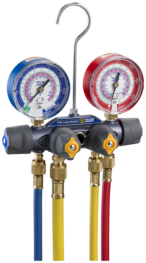 Yellow Jacket 49975 TITAN® A2L 4-Valve Manifold with PLUS II™ 1/4″ Ball Valve Hoses & 3/8″ Vacuum/Charging Hose, R-32/454B/410A - Edmondson Supply