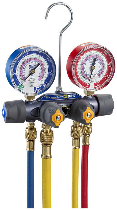 Yellow Jacket 49975 TITAN® A2L 4-Valve Manifold with PLUS II™ 1/4″ Ball Valve Hoses & 3/8″ Vacuum/Charging Hose, R-32/454B/410A - Edmondson Supply