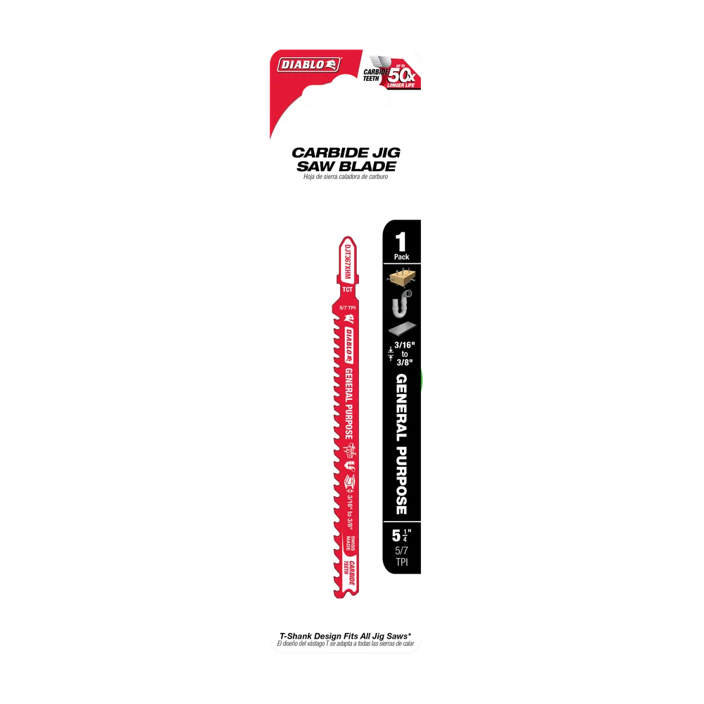 Diablo Tools DJT367XHM 5-1/4 in. 5/7 TPI Carbide T-Shank Jig Saw Blade for General Purpose Applications - Edmondson Supply