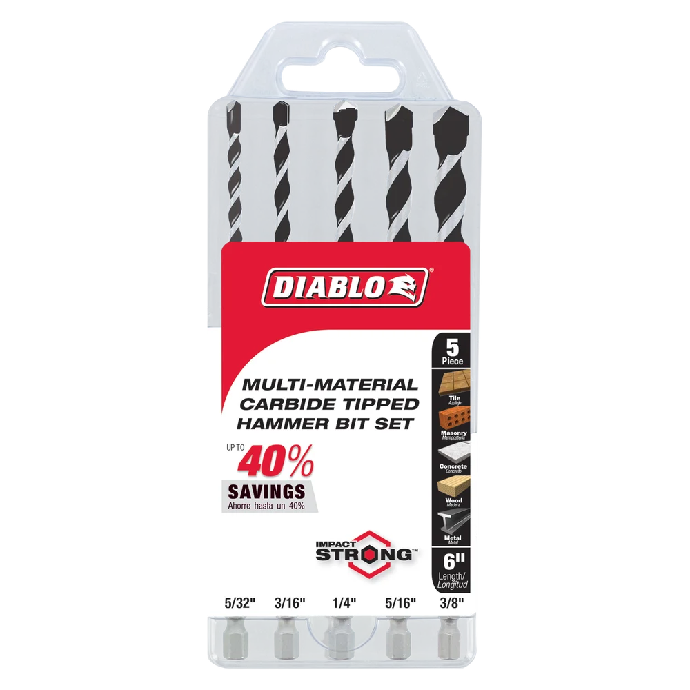 Diablo Tools DMAMM1190-S5 5 pc Multi‑Material Carbide Tipped Hammer Drill Bit Set - Edmondson Supply