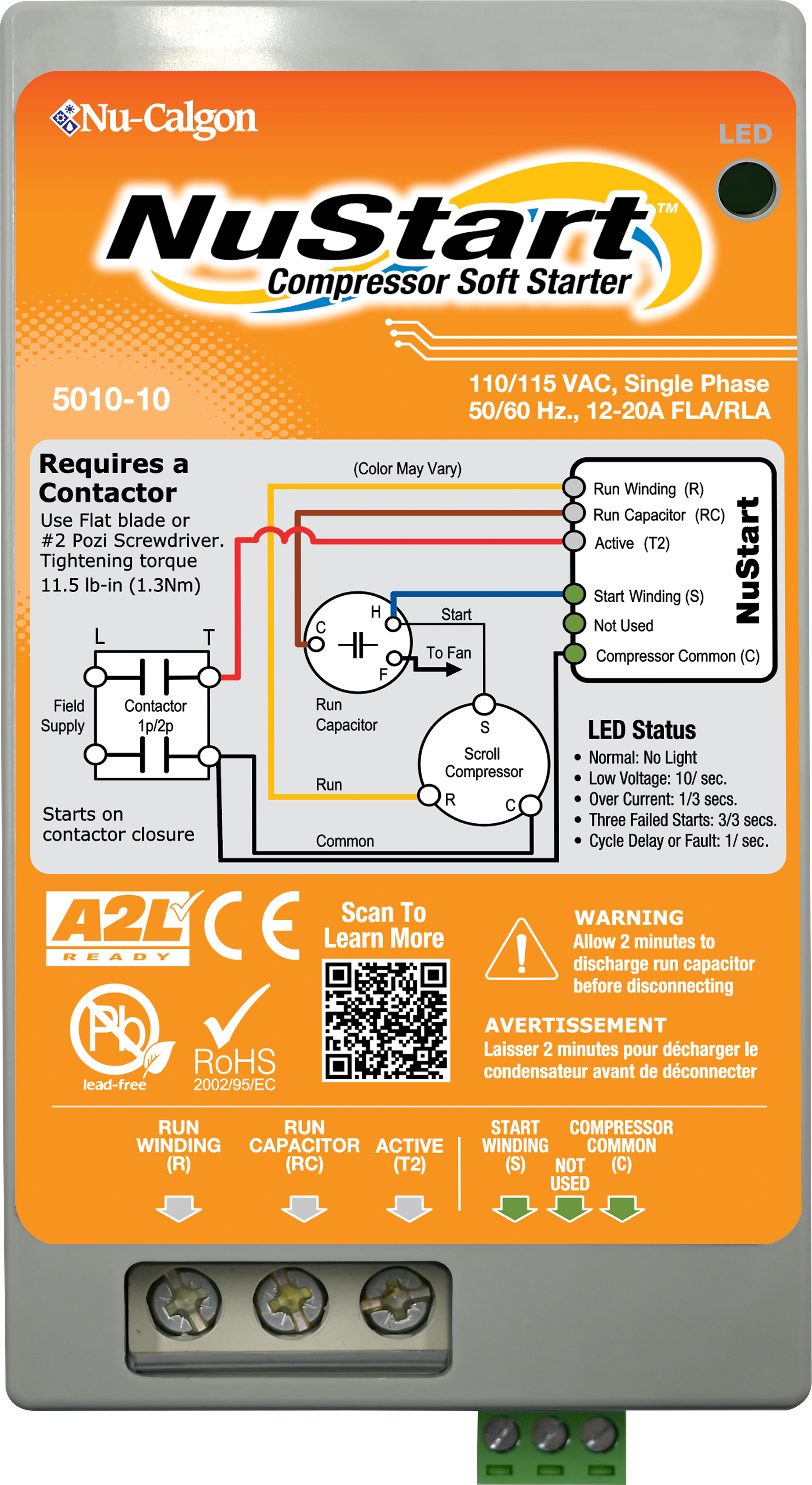 Nu-Calgon 5010-10 110-115 VAC, 50/60 Hz, Single Phase, 12-20 Amp RLA, NuStart Compressor Soft Starter - Edmondson Supply