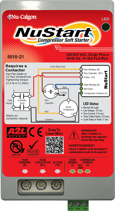 Nu-Calgon 5010-21 208-230 VAC, 50/60 Hz, Single Phase, 16-32 Amp RLA, NuStart Compressor Soft Starter - Edmondson Supply