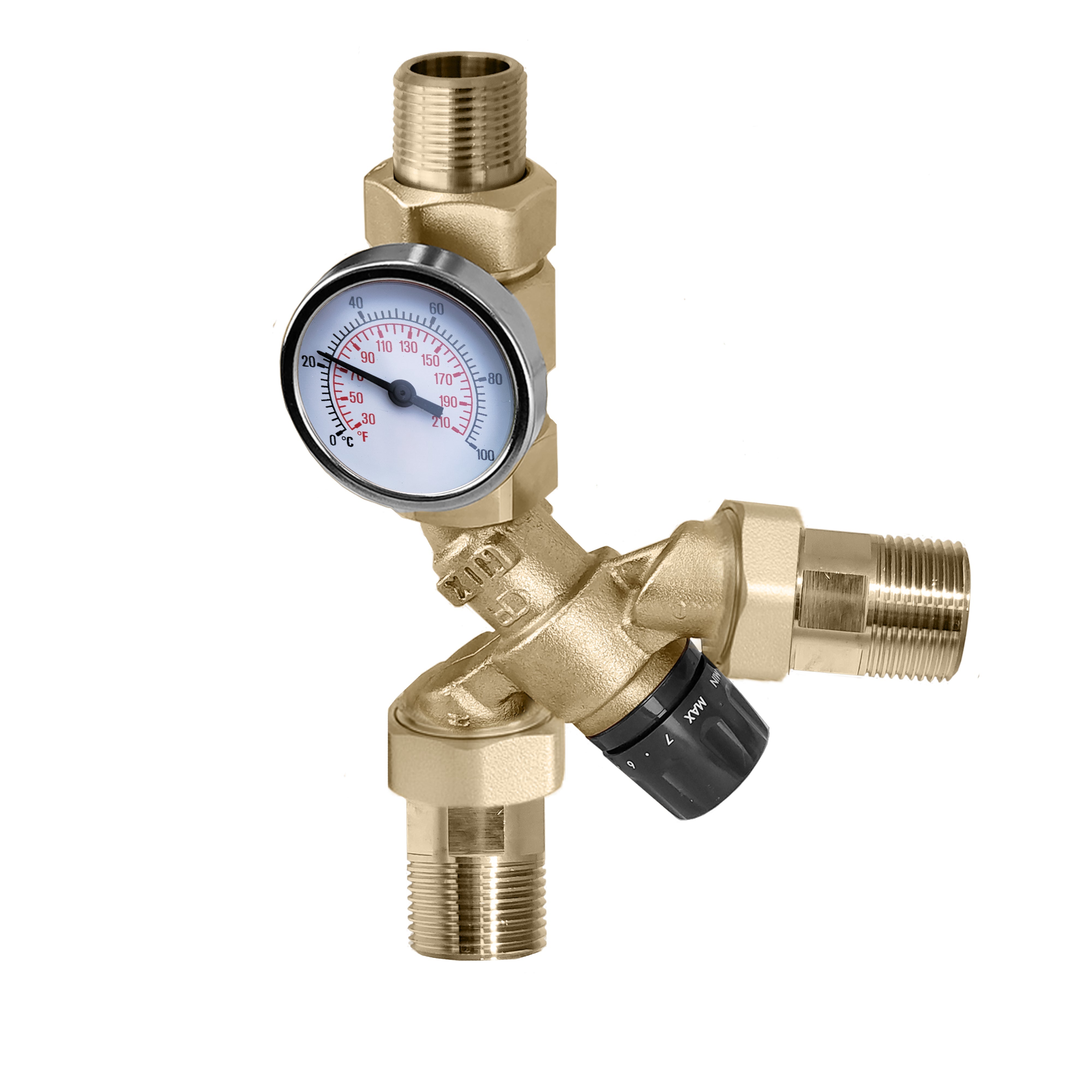 Caleffi AngleMix™ 3-Way Angle-Style Thermostatic Mixing Valve with Temperature Gauge, MNPT Union - Edmondson Supply