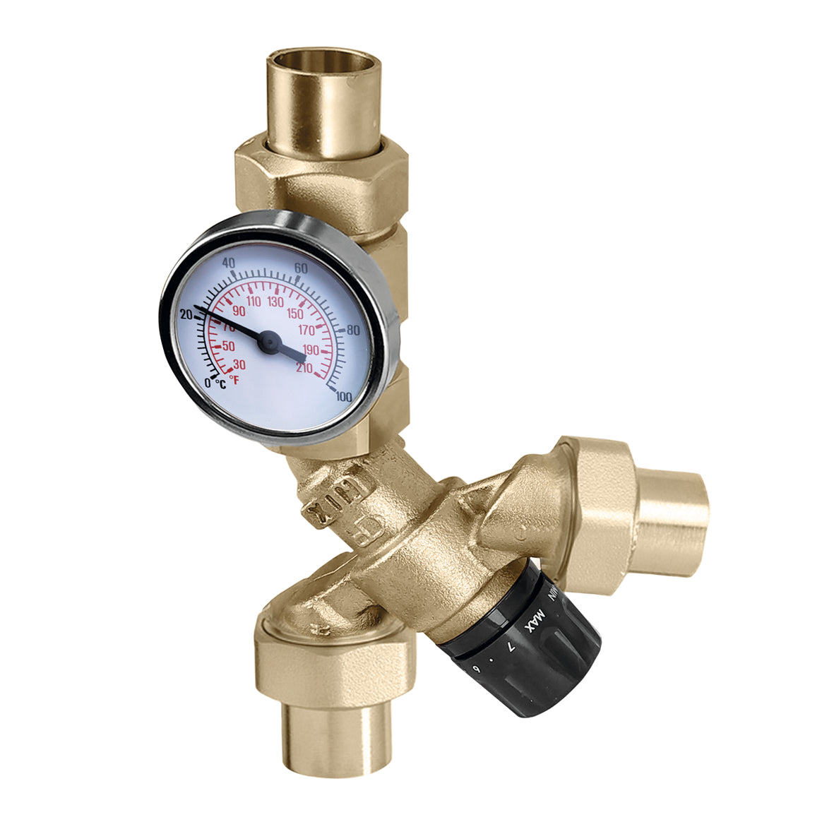 Caleffi 520410A AngleMix™ 3-Way Angle-Style Thermostatic Mixing Valve with Temperature Gauge, 1/2" MNPT Union - Edmondson Supply