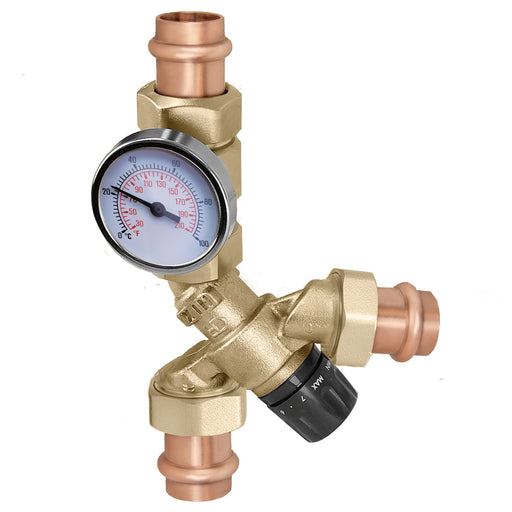 Caleffi AngleMix™ 3-Way Angle-Style Thermostatic Mixing Valve w/ Temperature Gauge and Check Valve, 3/4" Press