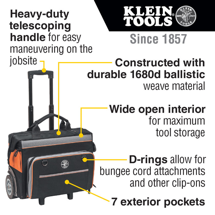 Klein Tools 55452RTB Tool Bag, Tradesman Pro™ Rolling Tool Bag, 24 Pockets, 19-Inch - Edmondson Supply