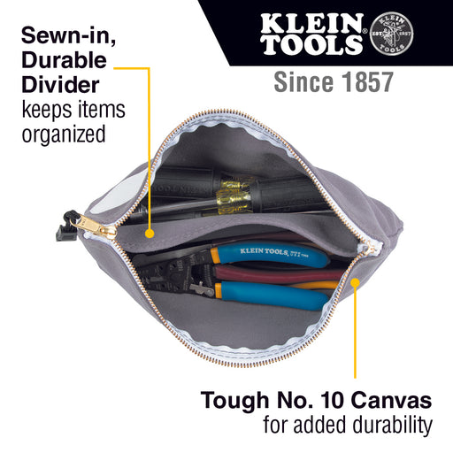 Klein Tools 55578 Zipper Bag with Divider, Canvas Tool Pouch, 7-Inch, Gray - Edmondson Supply